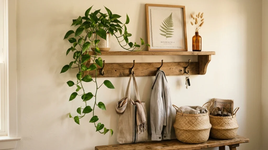 A styled shelf above the hooks that makes home backpack storage read as furniture
