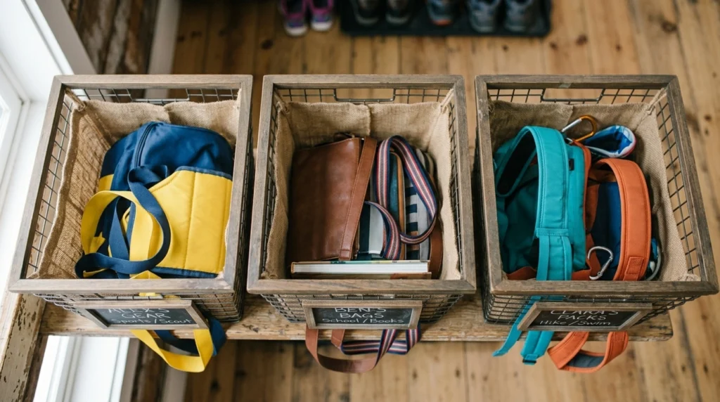 Kids backpack storage ideas using labeled wire baskets to give each child their own zone

