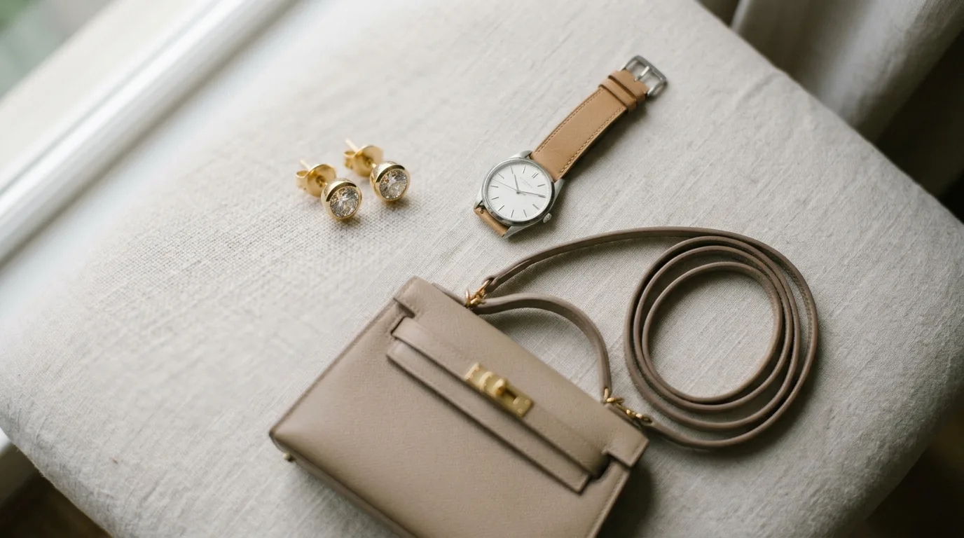 Stud earrings a plain watch and a small bag as the full accessory list