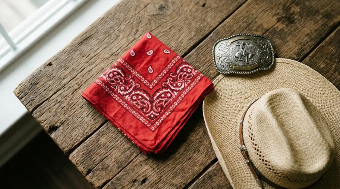 A bandana straw hat and belt buckle laid out as the useful accessories