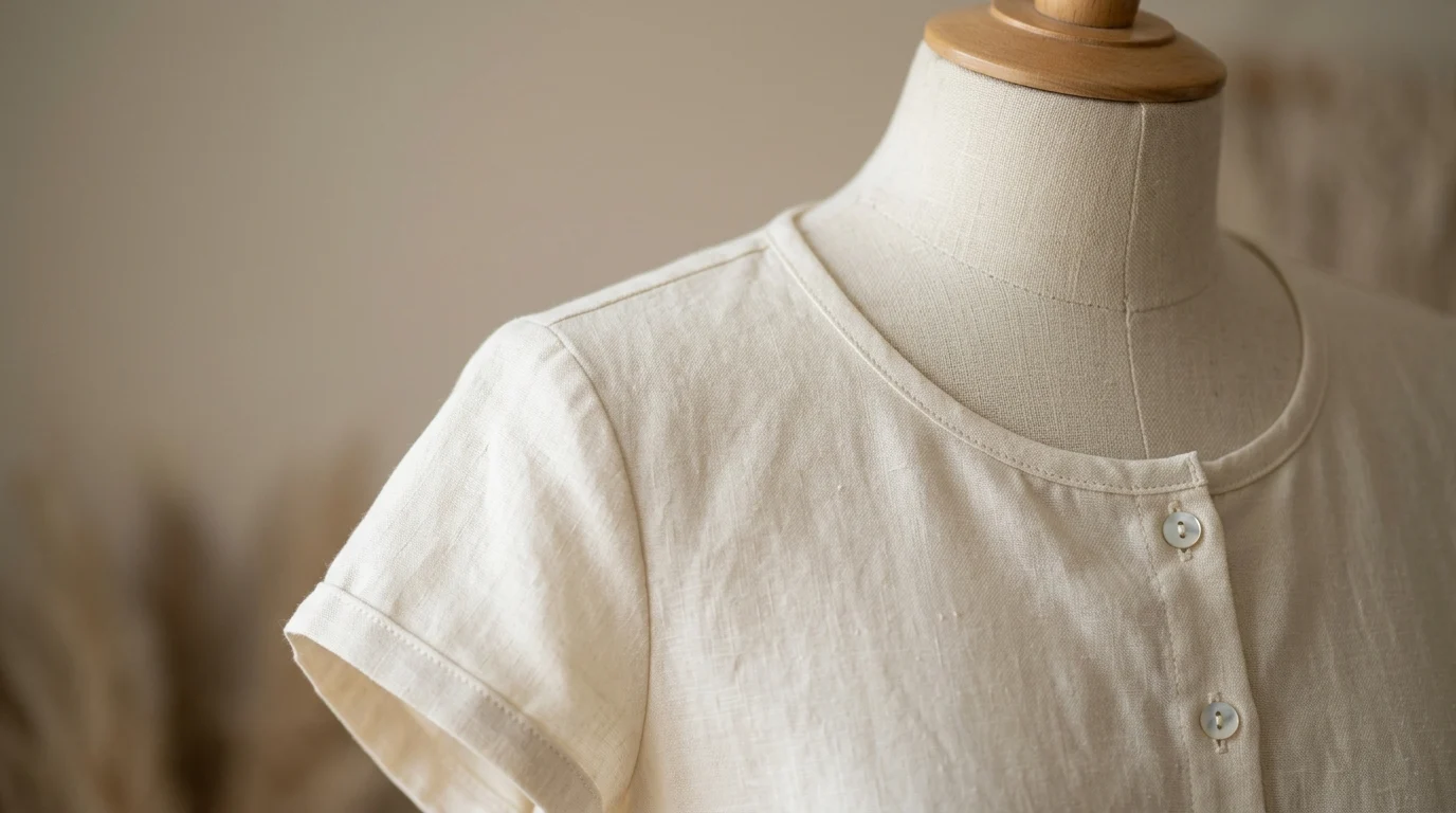 A covered shoulder and modest neckline showing appropriate attire for jury duty