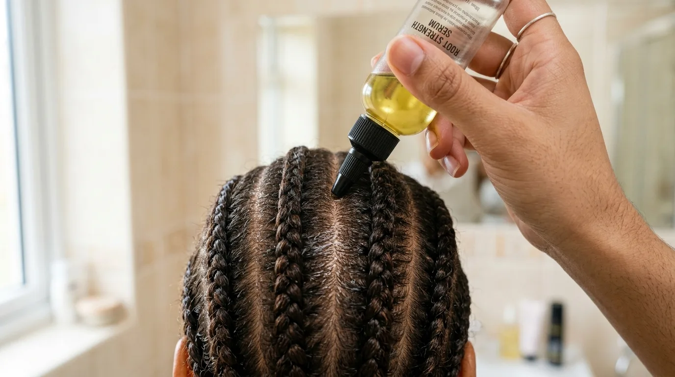 An applicator bottle reaching the scalp between parted rows for washing