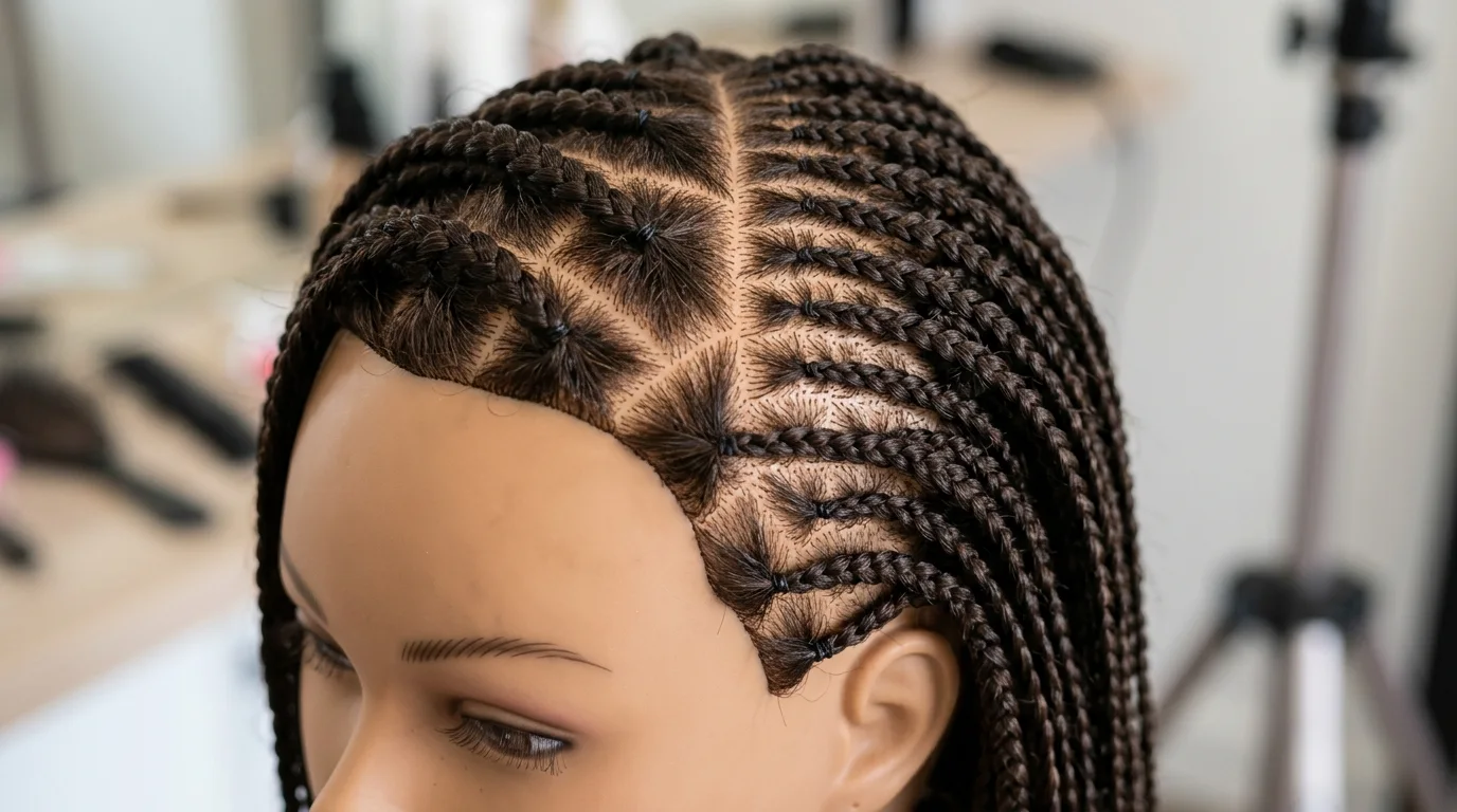 Generously spaced parting compared with crowded rows on a practice head