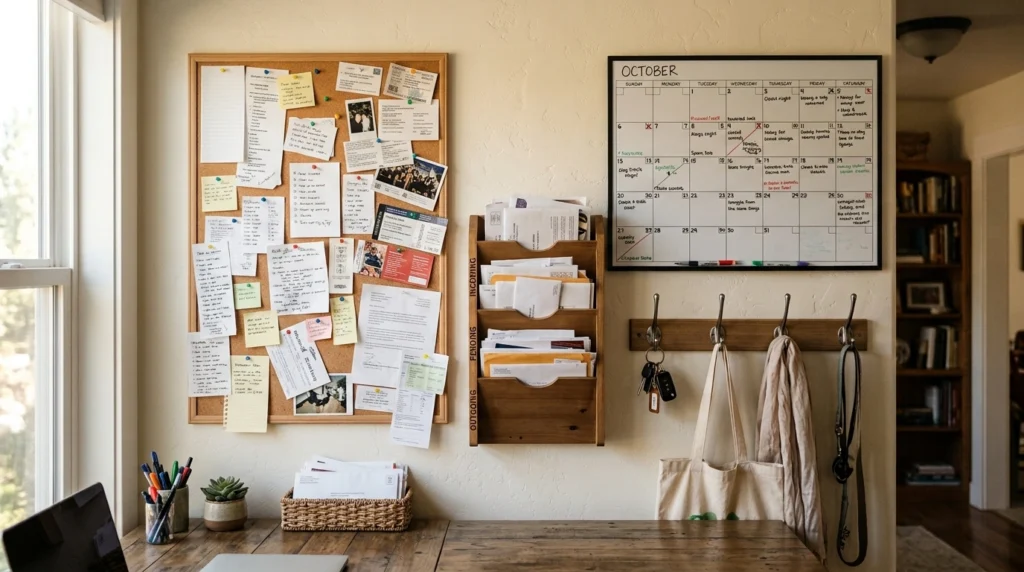 A wall command center combining a bulletin board calendar and mail sorter above bag hooks