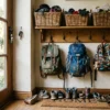 An entryway wall showing practical backpack storage ideas with hooks baskets and a shoe mat