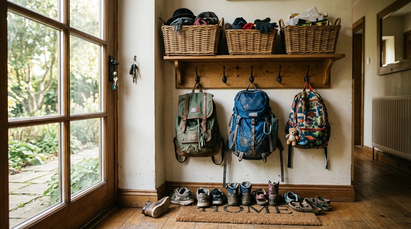 An entryway wall showing practical backpack storage ideas with hooks baskets and a shoe mat