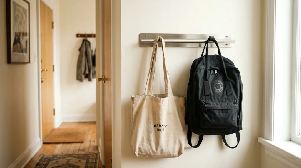 A short wall rail holding bags in a compact apartment hallway with no floor space used