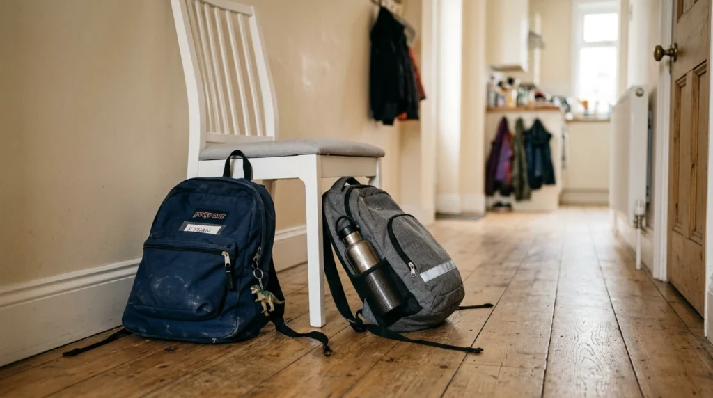 Backpacks dropped on a hallway floor showing where bags naturally land in a home