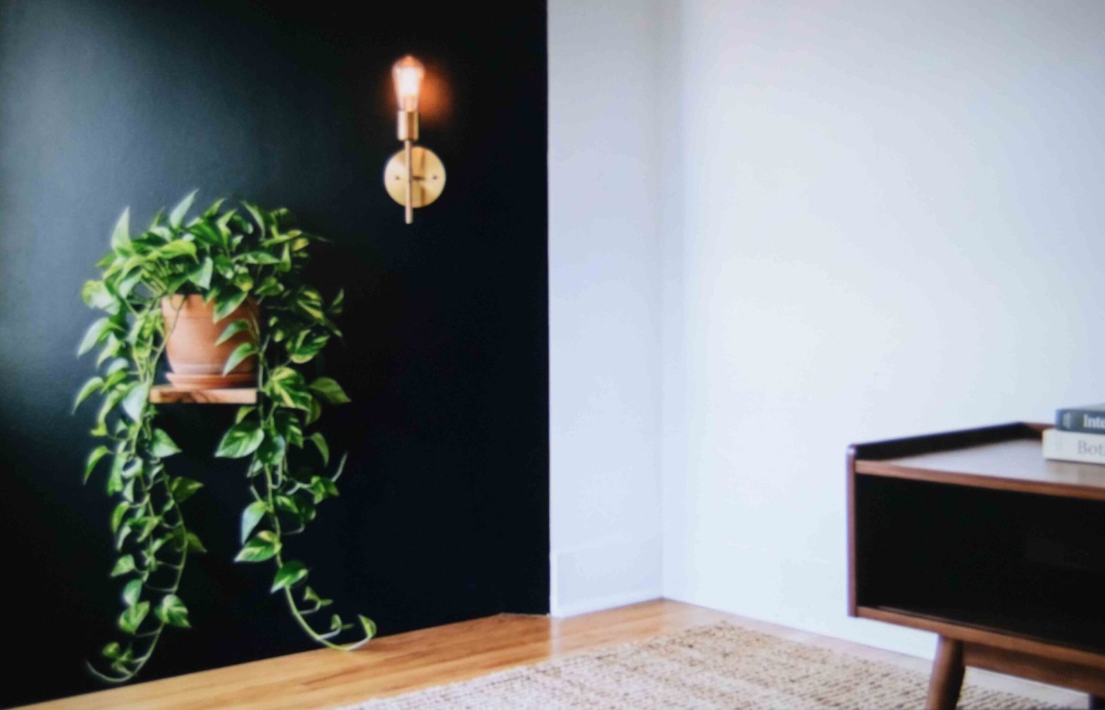 A matt black accent wall with brass and greenery layered in front of it