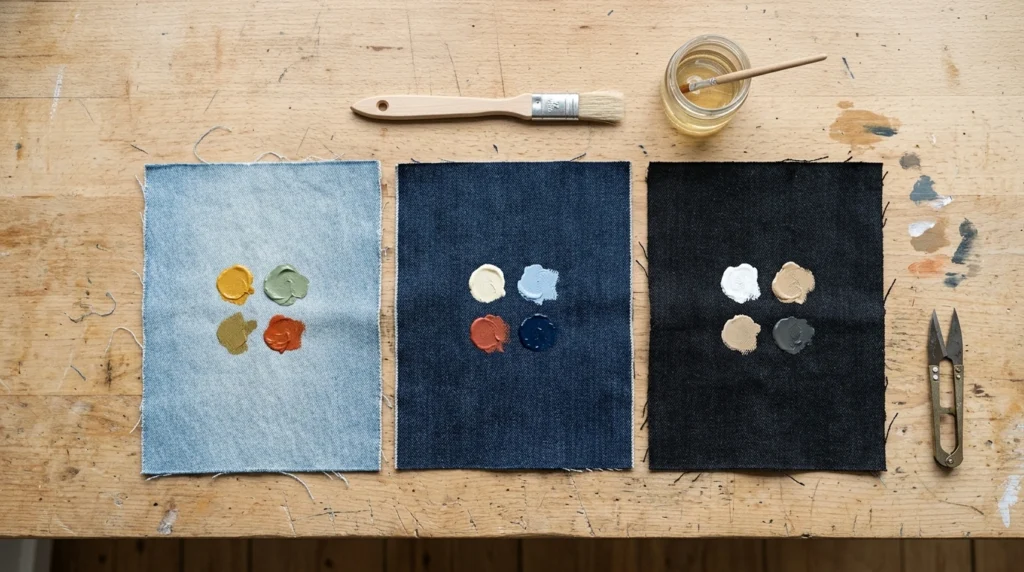 Pale indigo and black senior jeans fabric compared as painting surfaces