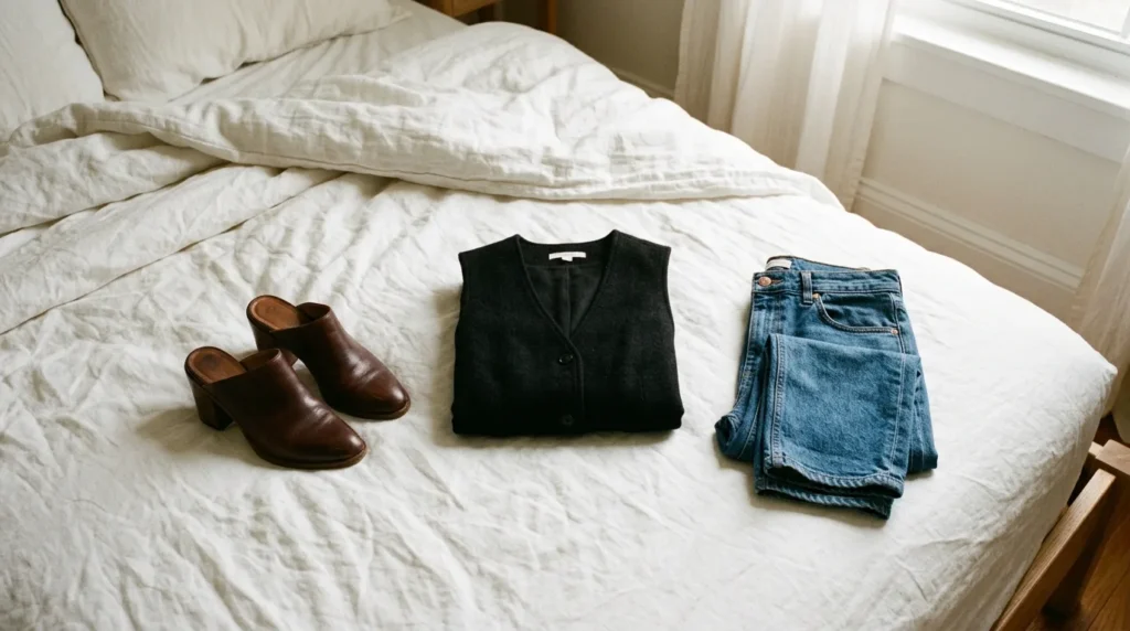 Black vest laid out with heeled mules and blue denim