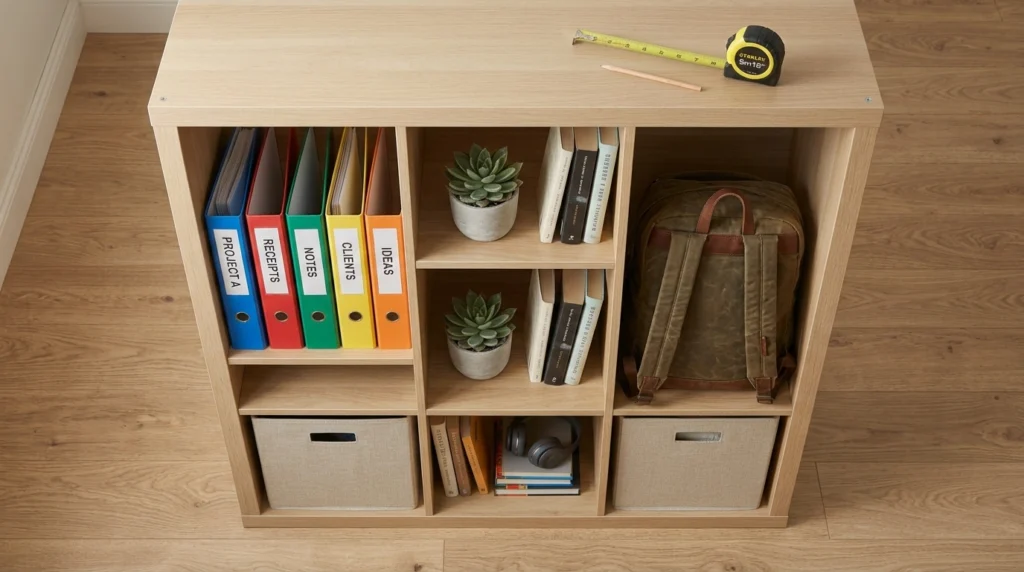 A cube shelving unit with one oversized cubby holding a full backpack