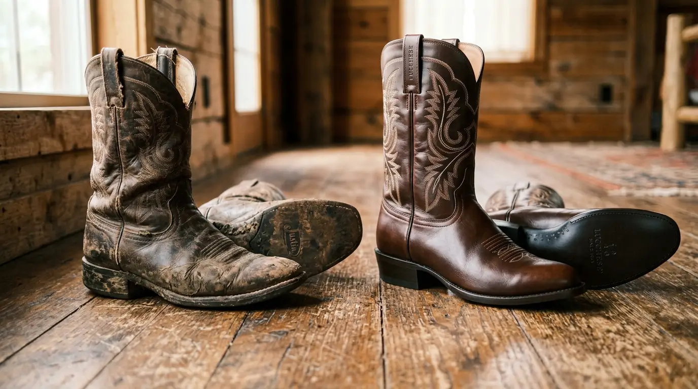 Worn in cowboy boots compared with a new pair before a standing show