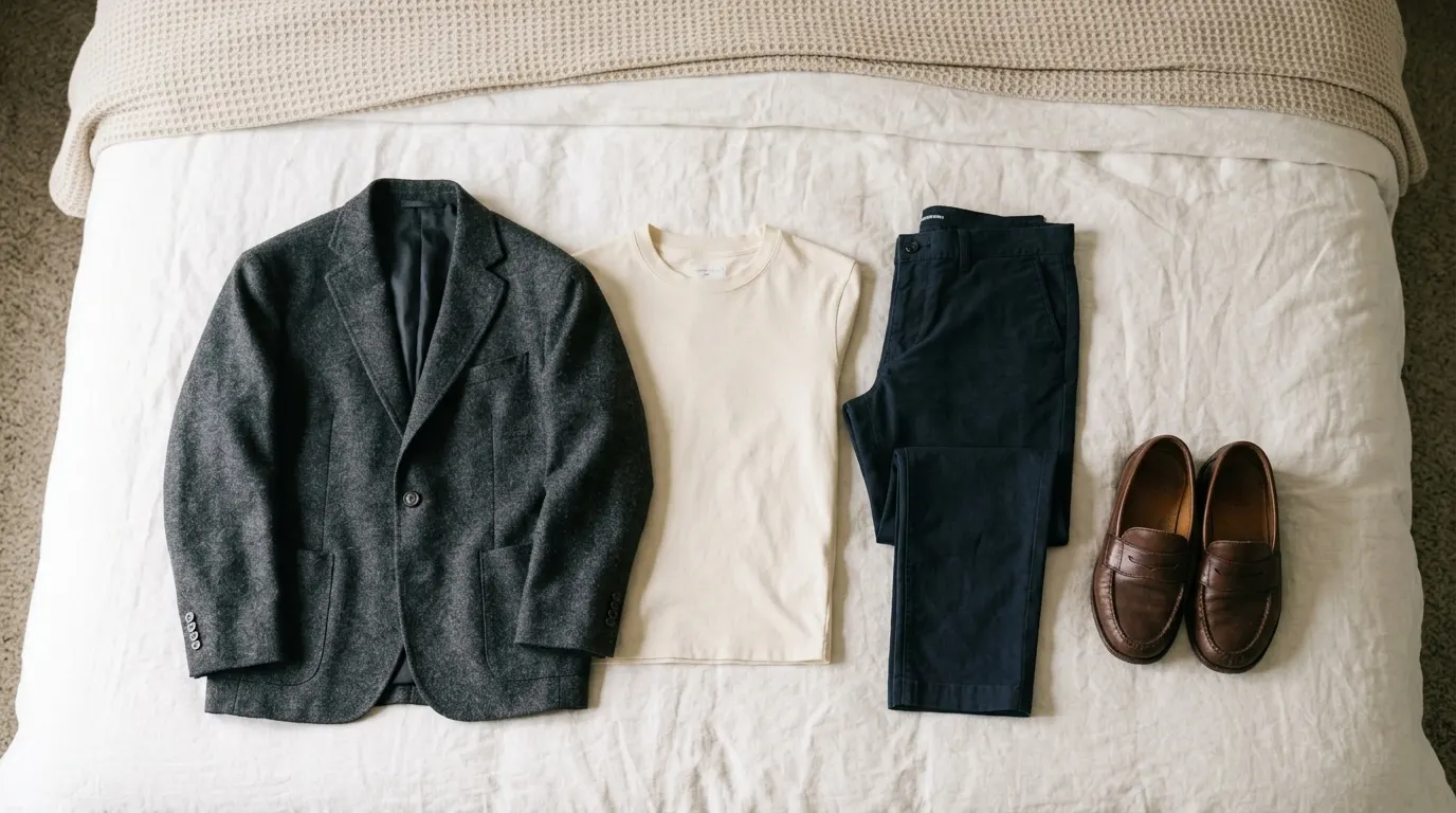 Business casual for jury duty laid out as a blazer plain top trousers and loafers