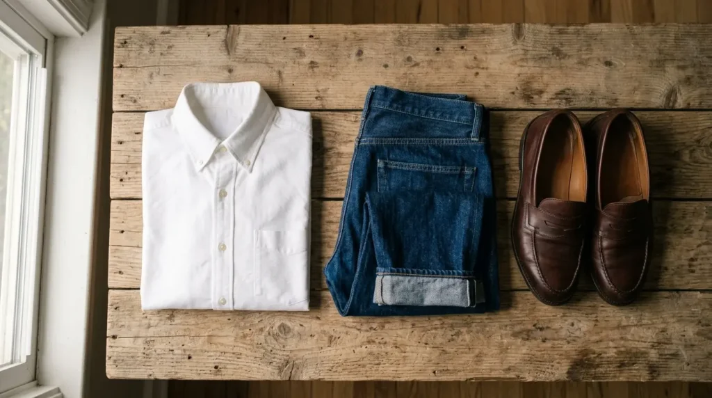 White oxford shirt laid out beside deep blue denim and leather loafers