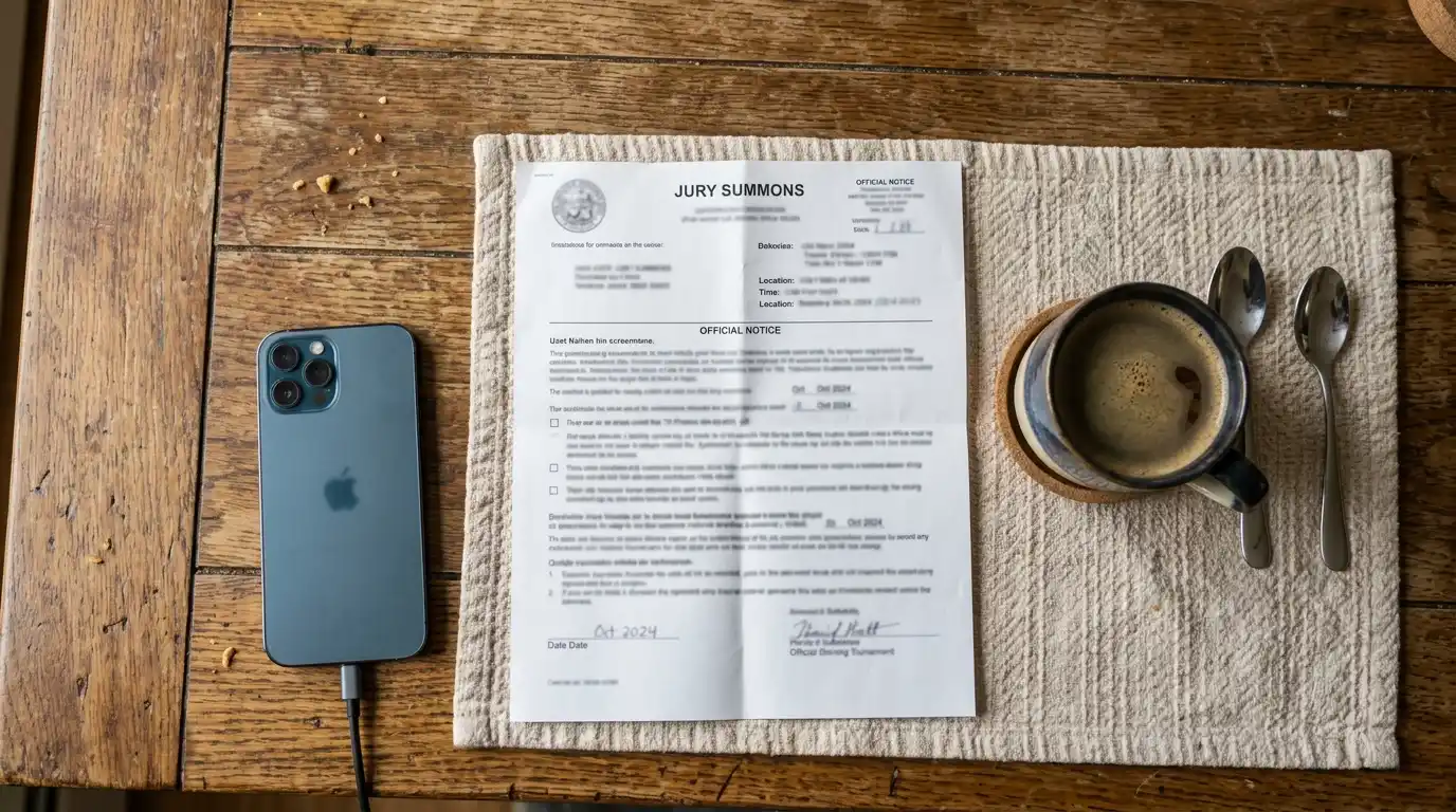 A jury summons on a kitchen table being checked before planning an outfit