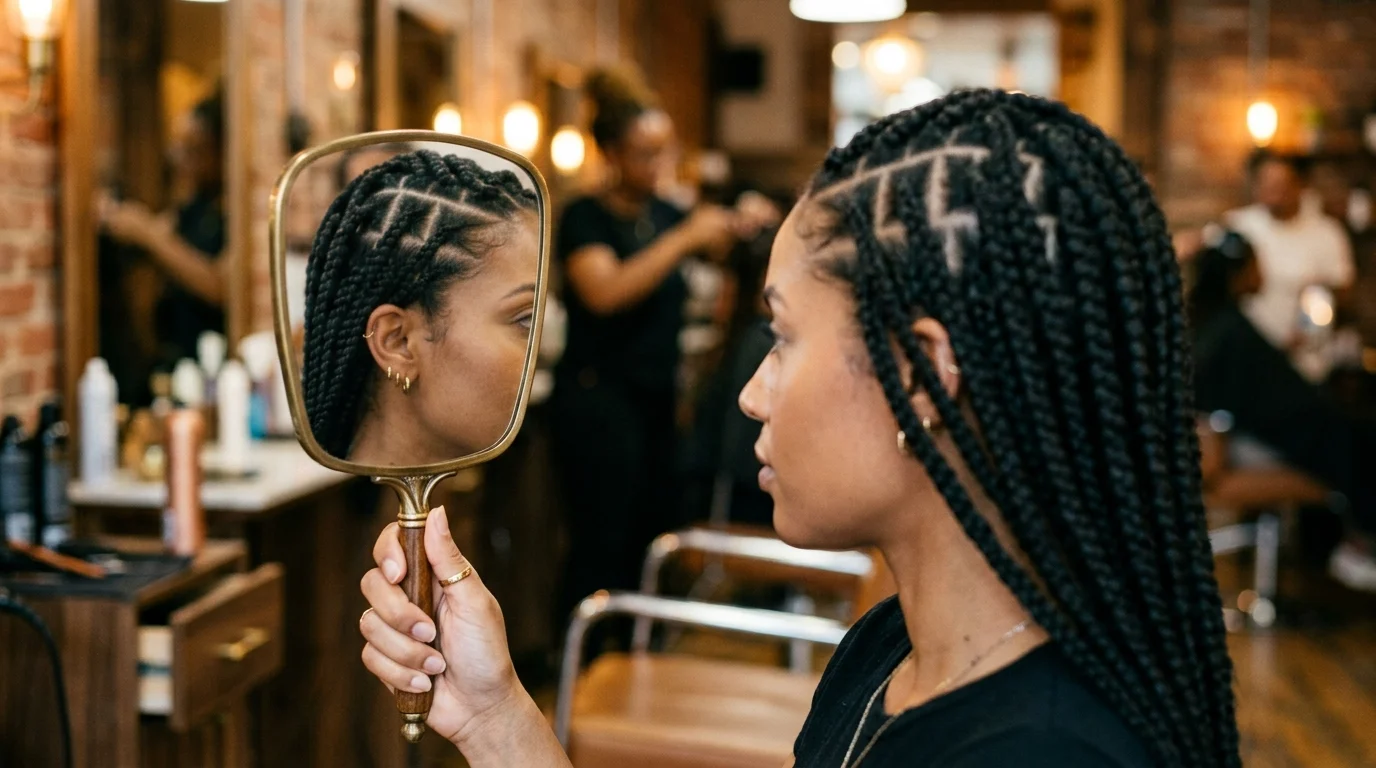 A handheld mirror used to check the parting in profile during the appointment