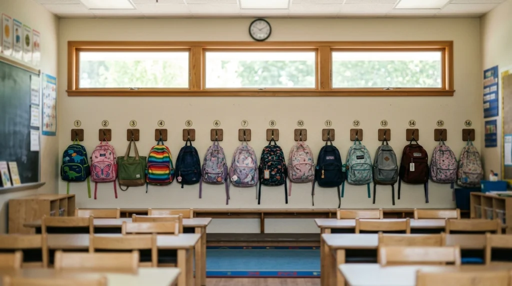 Classroom backpack storage ideas using numbered hooks spaced along a back wall