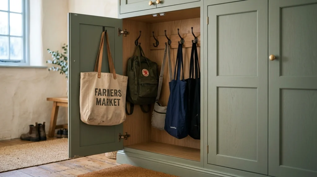 A cabinet with hooks mounted inside the door as a closed storage option for bags