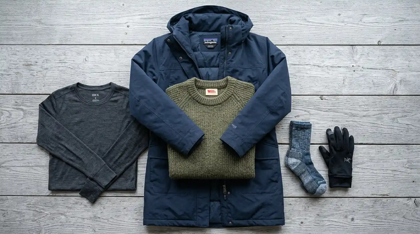 Base layer sweater and long coat stacked in order for cold weather stadium layering