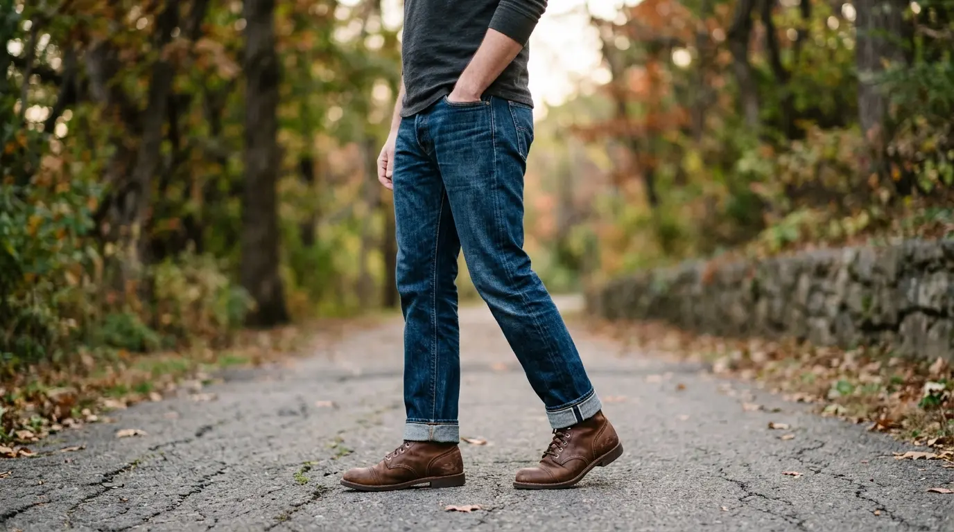 A neutral henley with rolled cuff jeans and boots as a simple option for men