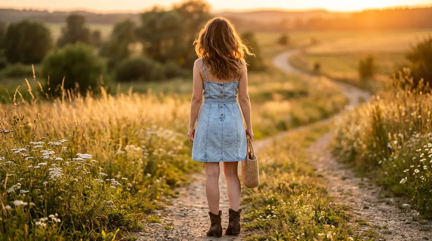 A light denim sundress worn with ankle boots for a summer show