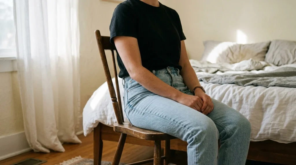 Cropped tee ending at the waistband seam seen from a seated angle