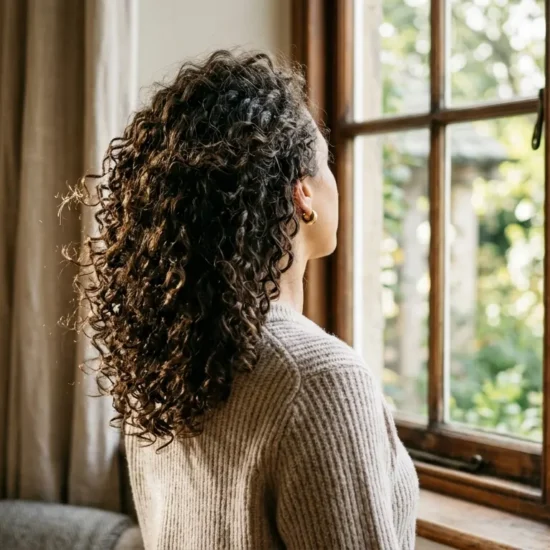 Defined shoulder length curls shown as one of the curly hairstyles for natural curls