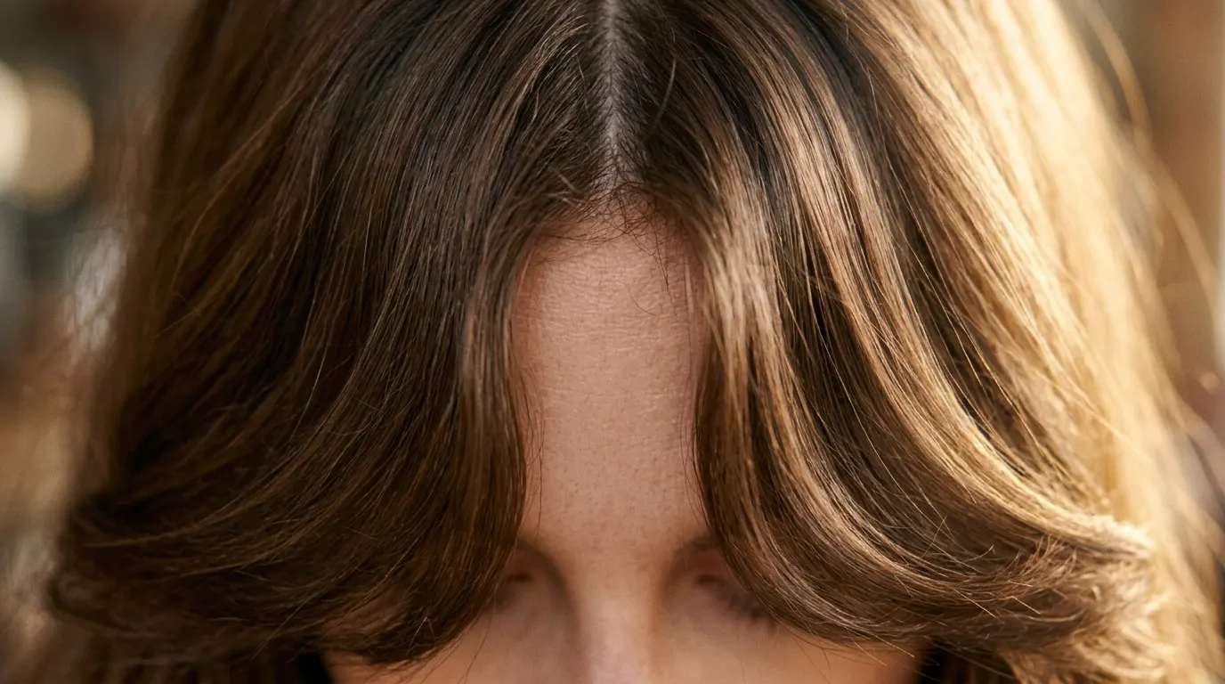 Curtain bangs splitting at the center and sweeping outward past the cheekbone