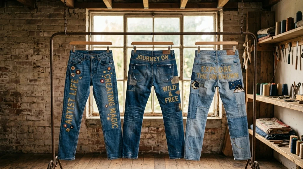 Three pairs of cute senior jeans sharing one lettering color with different layouts