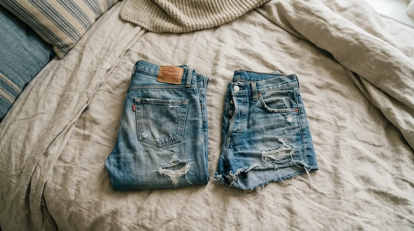 Faded jeans laid out beside denim cutoffs as two options for the same show