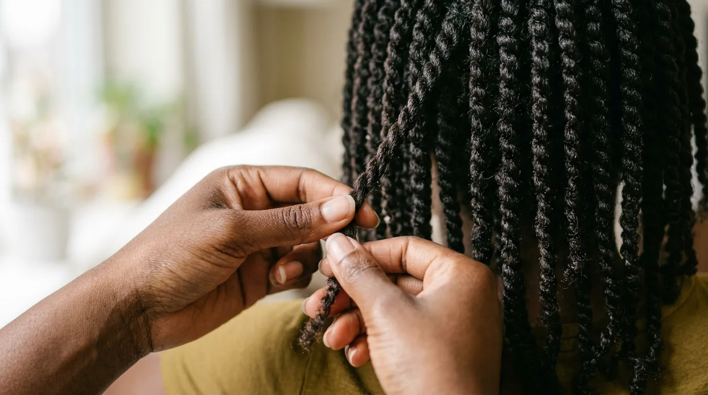 Two strand twists being finished on stretched natural hair