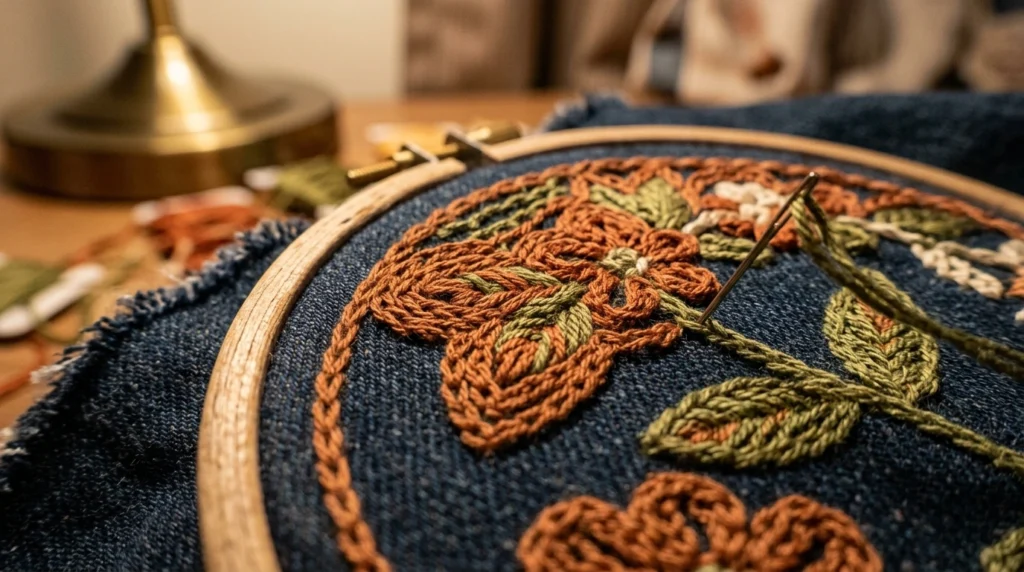 Chain stitch embroidery worked into denim inside a hoop for raised texture