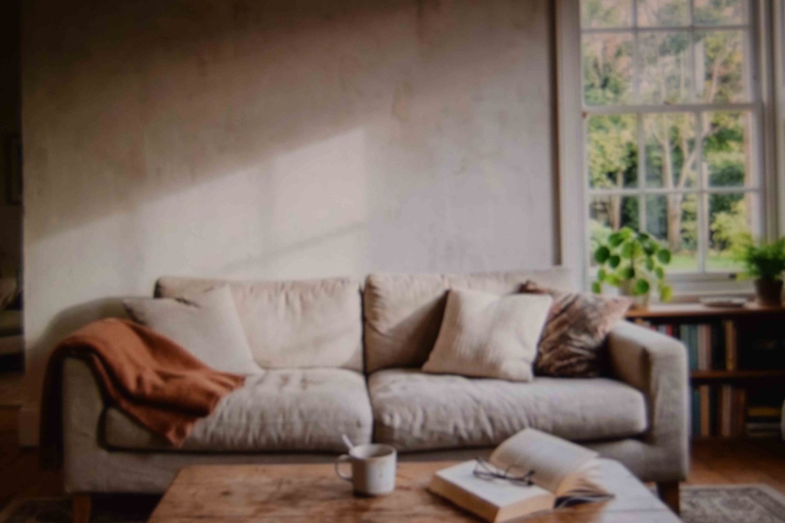 A bare wall above a sofa in a lived in living room waiting to be styled