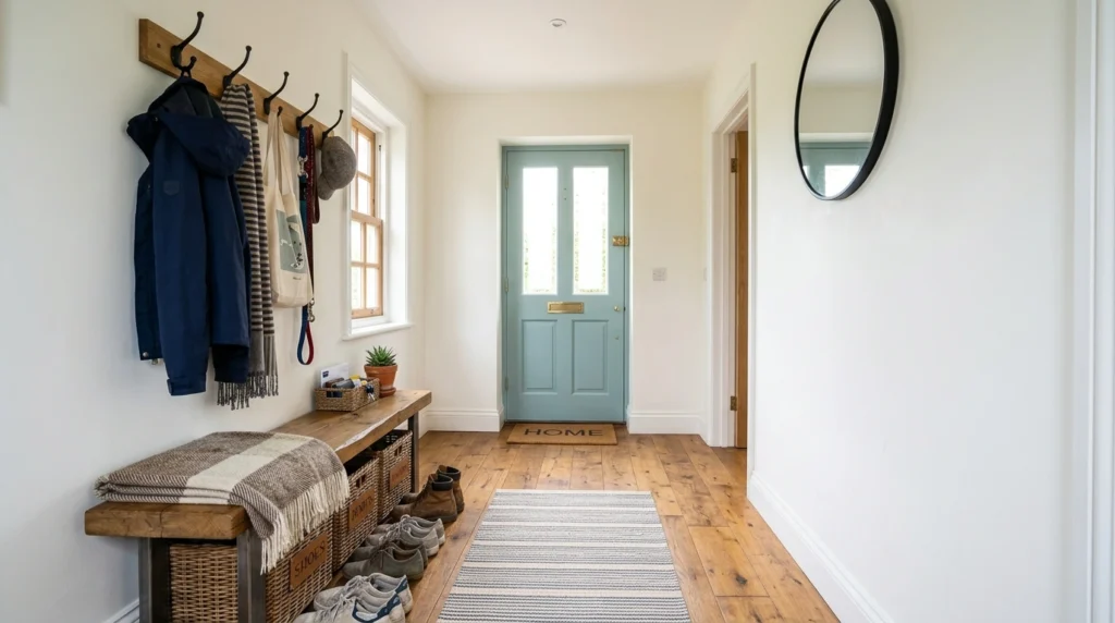 Entryway backpack storage ideas using wall hooks with baskets under a bench