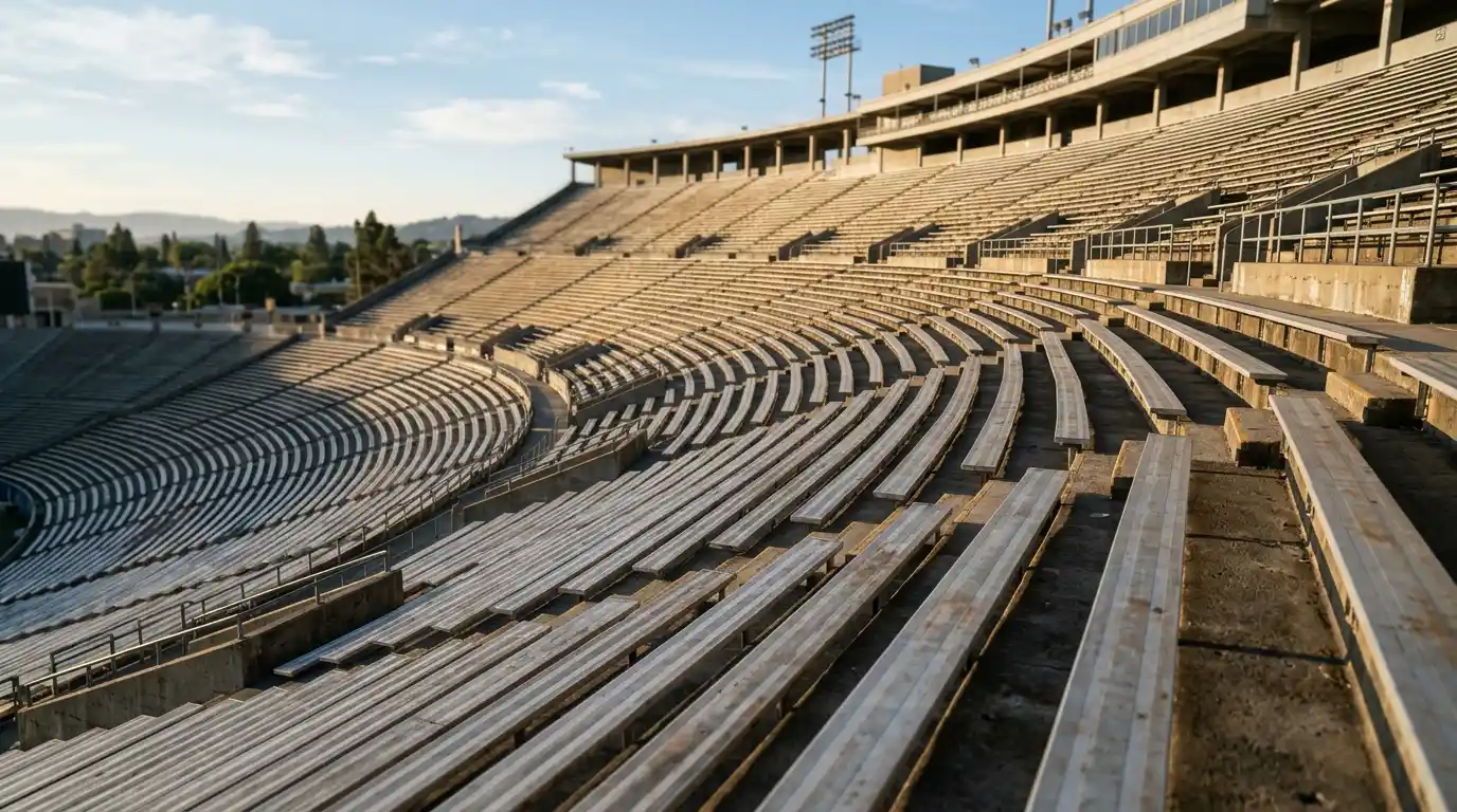 Empty backless bleachers showing the narrow rows that shape what is comfortable to wear

