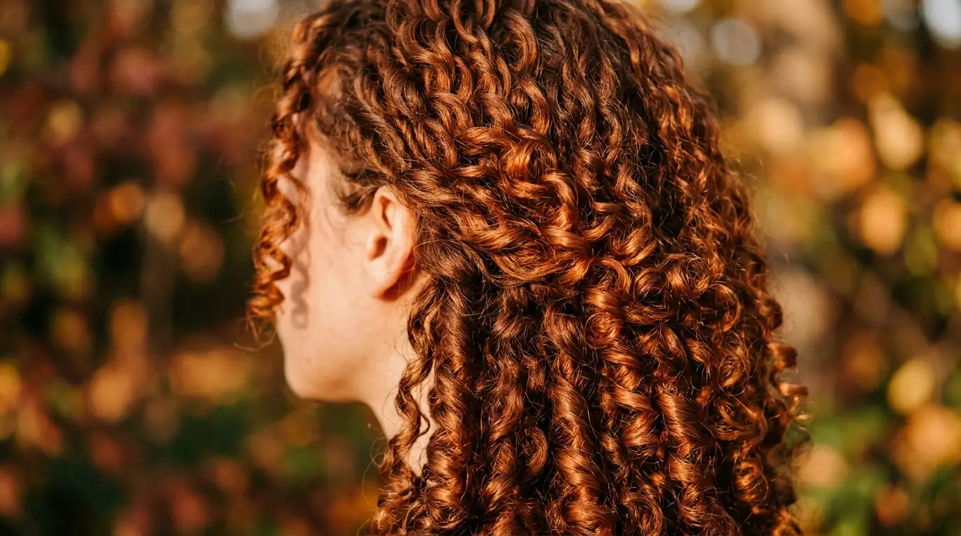 Copper and auburn tones running through natural coils in autumn light