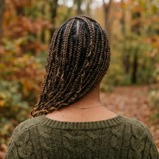 Goddess braids worn outdoors as one of the fall hairstyles for black women