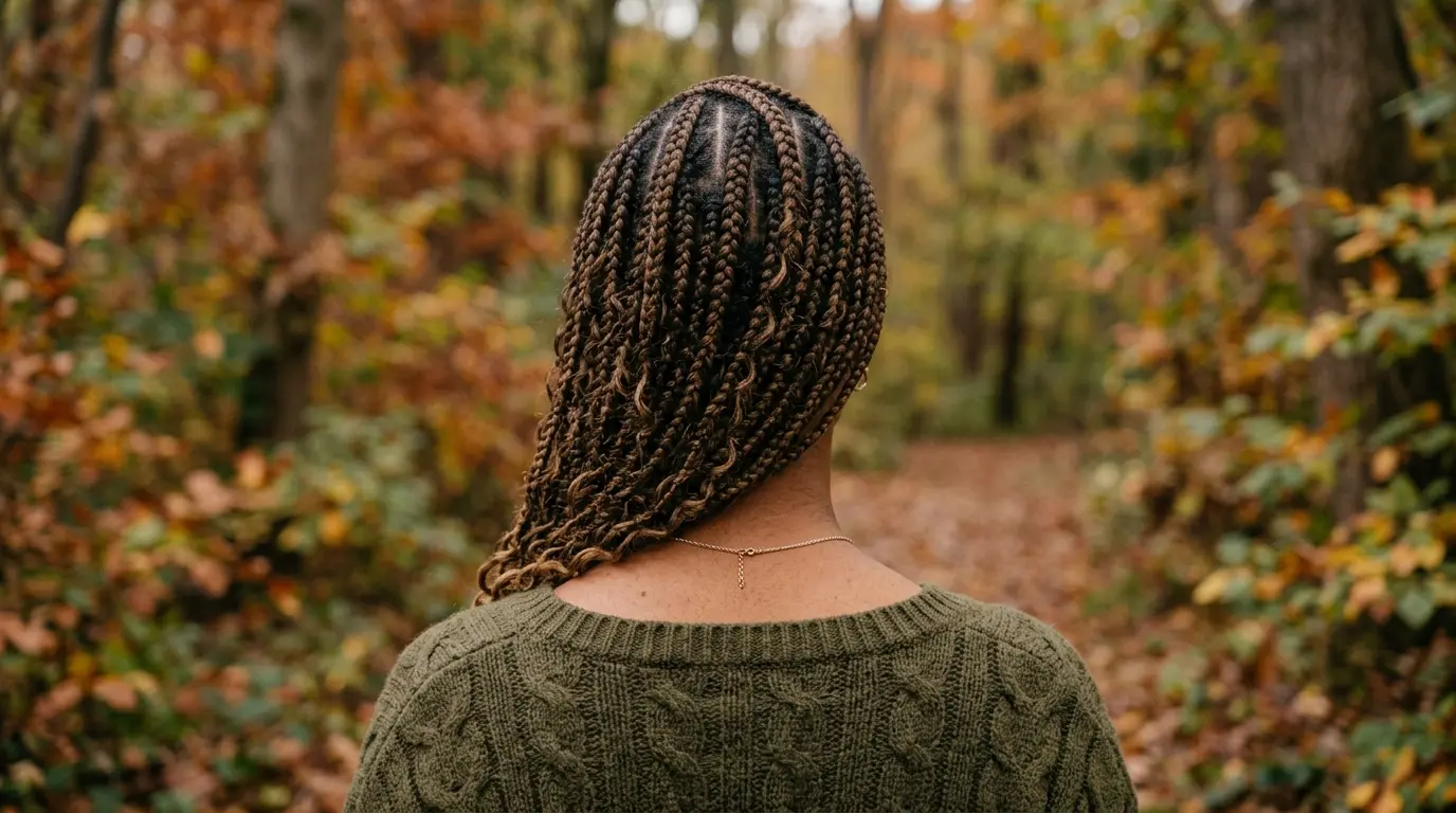 Goddess braids worn outdoors as one of the fall hairstyles for black women