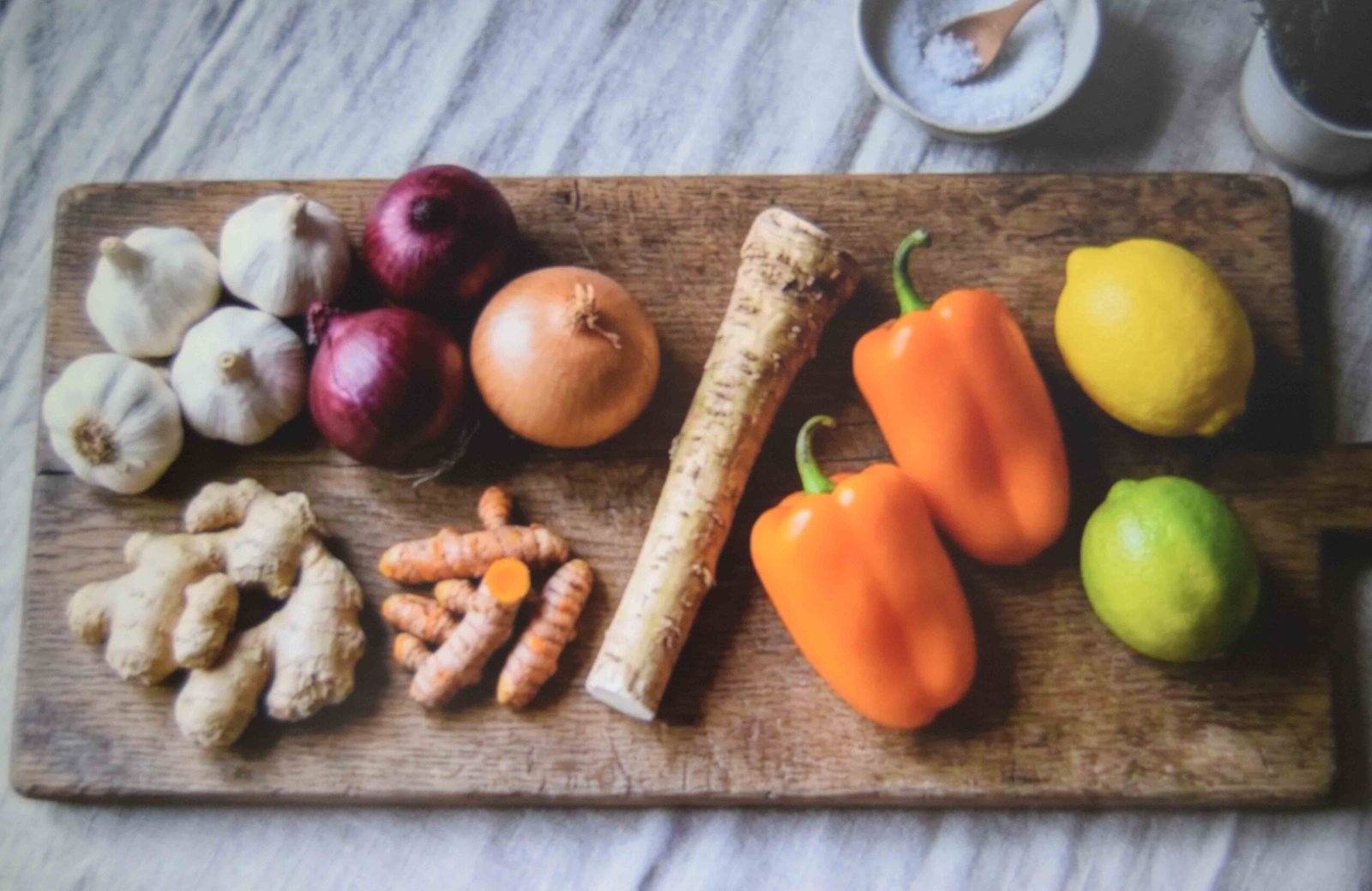 All the fire cider ingredients laid out whole before chopping begins