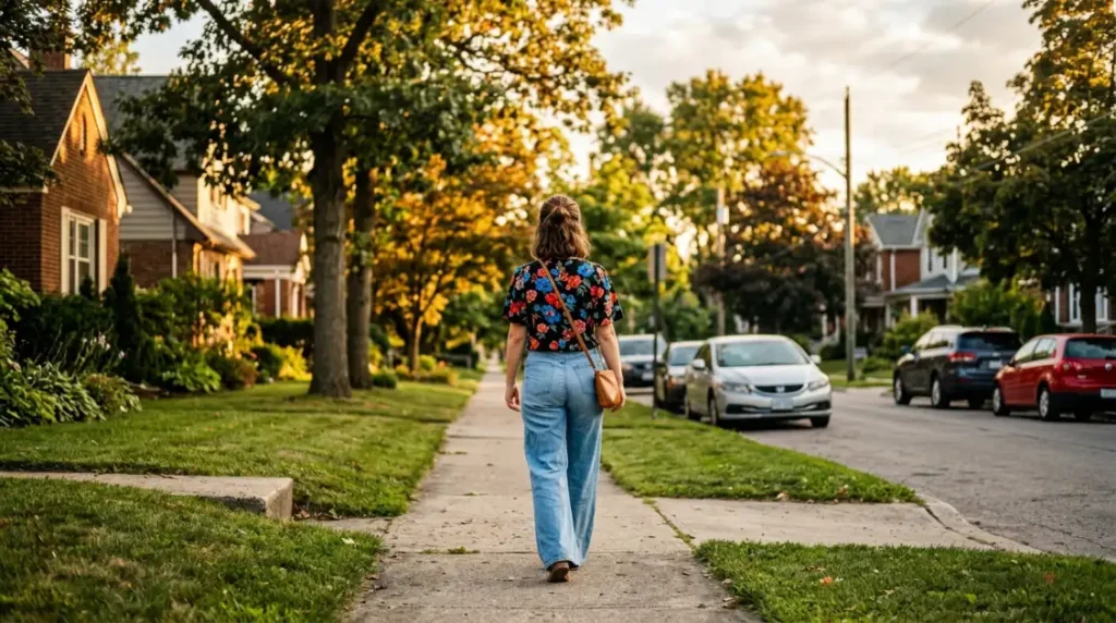 Dark ground floral top worn with light denim seen from behind