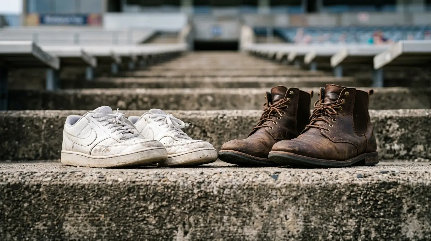 Broken in sneakers and ankle boots compared as footwear for a long day on your feet