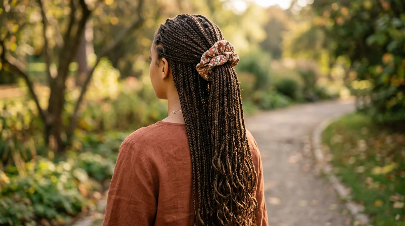 Fulani braids half up half down gathered with a fabric scrunchie