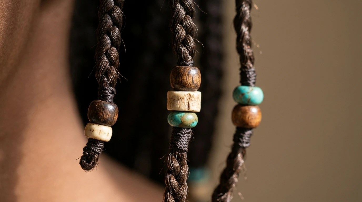 Fulani braids with beads threaded in a limited palette rather than crowded