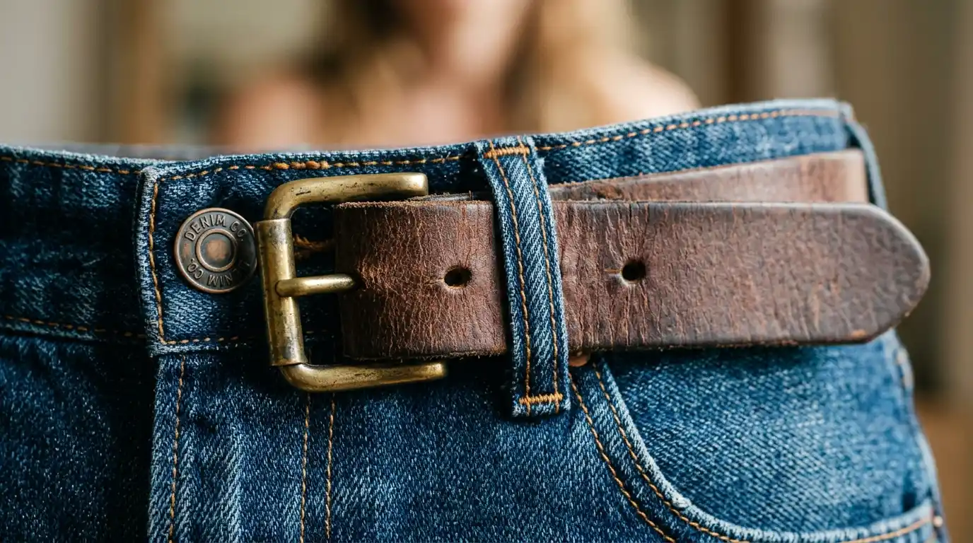 A high rise waistband and belt showing the structure that keeps a layered look defined