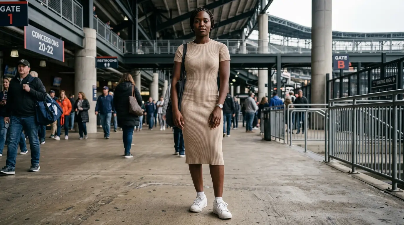 Game day dresses for black women shown as a knit midi worn with white sneakers