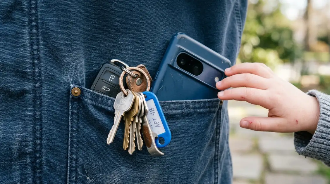 A pocketed jacket that lets a parent carry essentials with both hands occupied