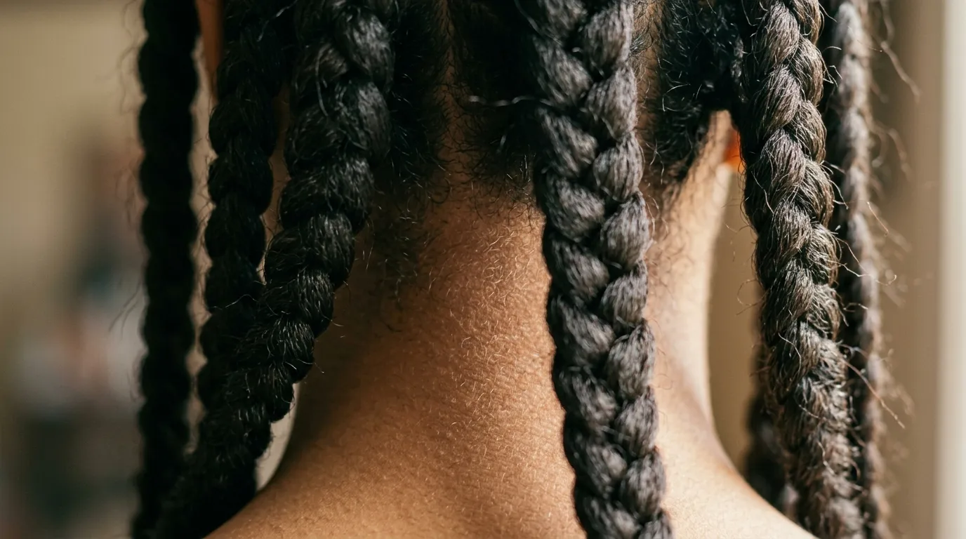Chunky goddess braids seen close from behind at the nape