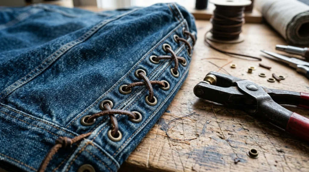 Leather cord laced through grommets set along the outer seam of a denim leg