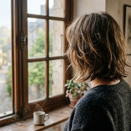 Collarbone length layered hair shown from behind in natural window light